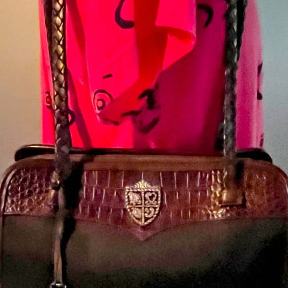 BRIGHTON  BLACK NYLON CROC BROWN EMBOSSED LEATHER SHOULDER DOUBLE BRAIDED STRAPS - Picture 12 of 12